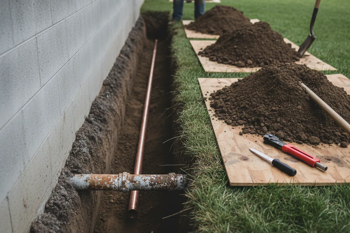 Excavated water line trench during Water Softener Installation in Thousand Oaks